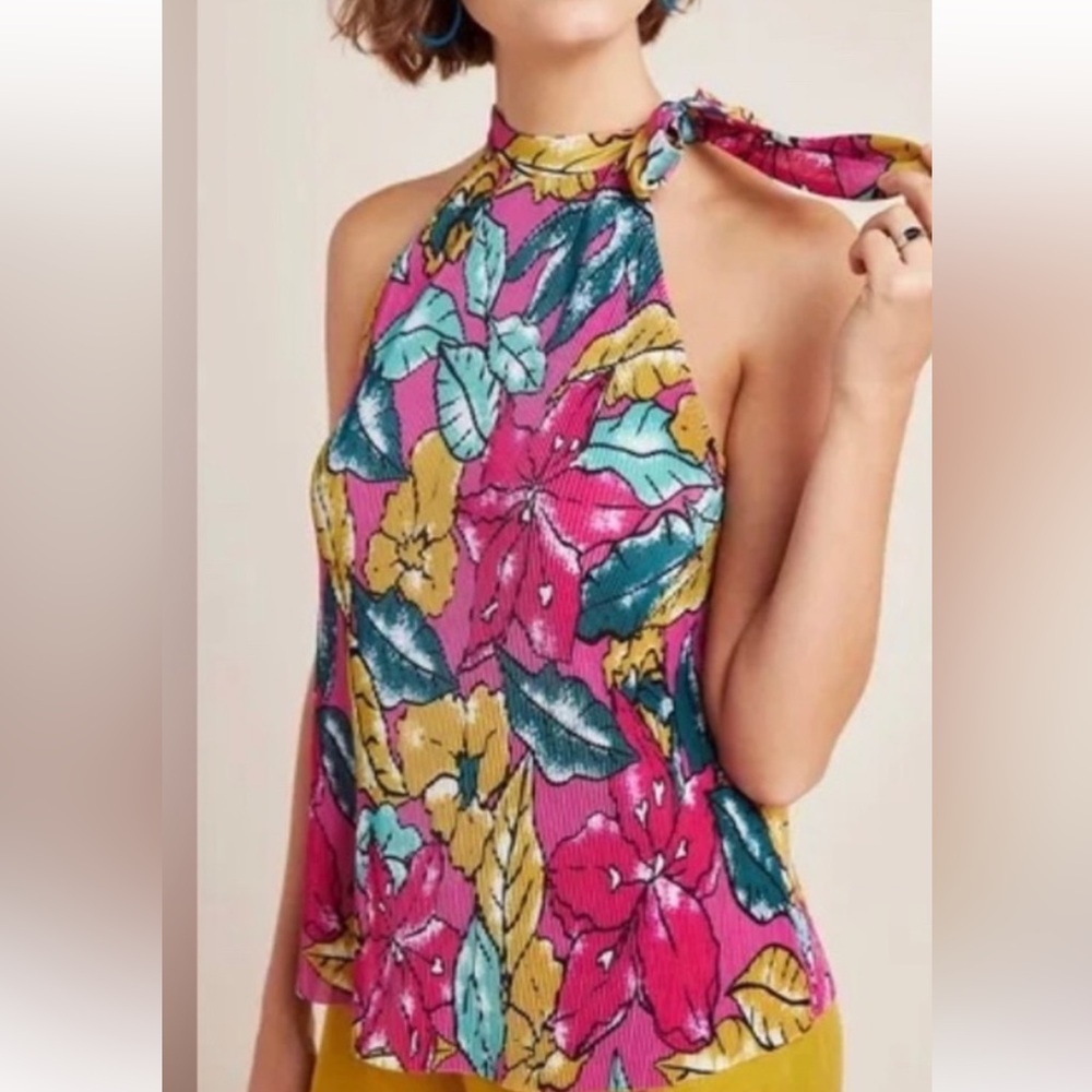 Maeve Anthropologie‎ Glocester Floral neck tie pleated Top Sz S - Picture 4 of 5